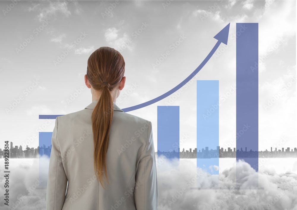 Woman looking out at city with a graph and smoke in front of her