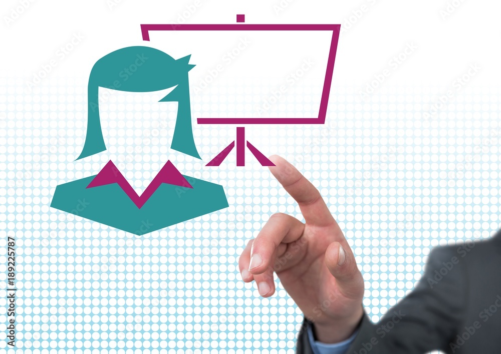 Hand pointing with businesswoman and screen icon