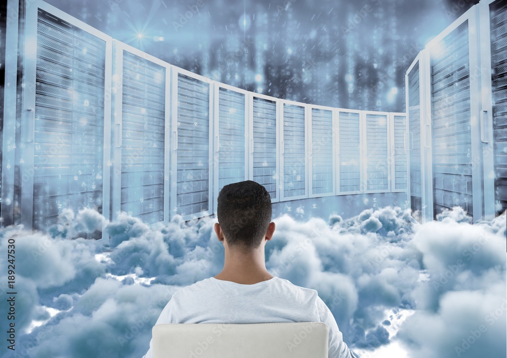 Teenager sitting looking at simulation through clouds