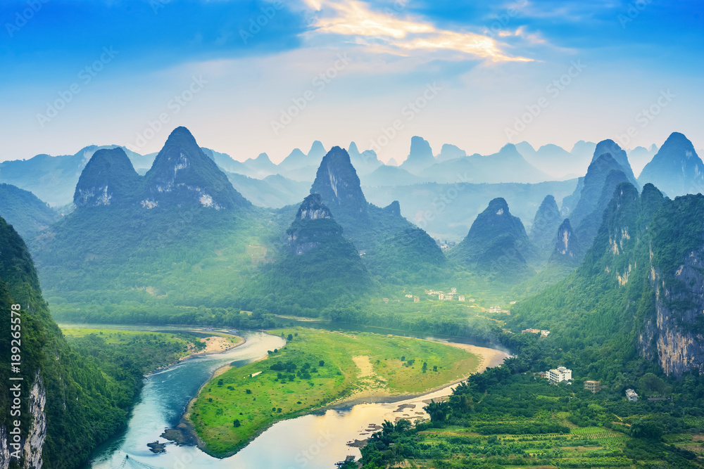 Landscape of Guilin, Li River and Karst mountains. Located in The Ancient Town of Xingping, Yangshuo