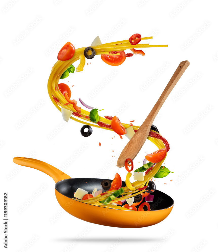 Concept of flying food preparation of italian pasta