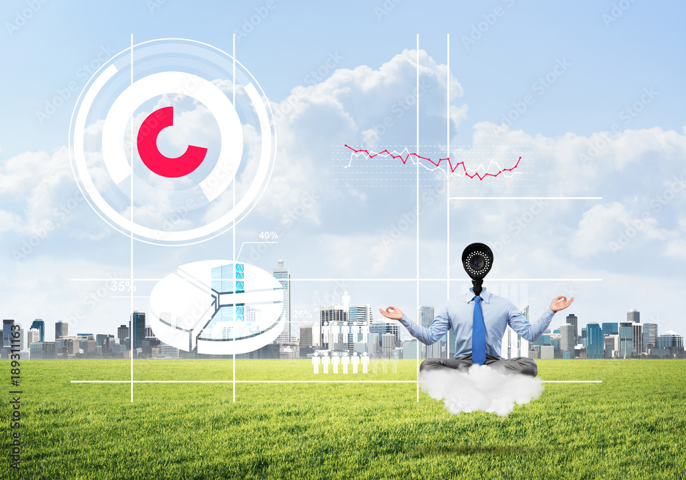 Camera headed man sitting in lotus pose on cloud against modern cityscape