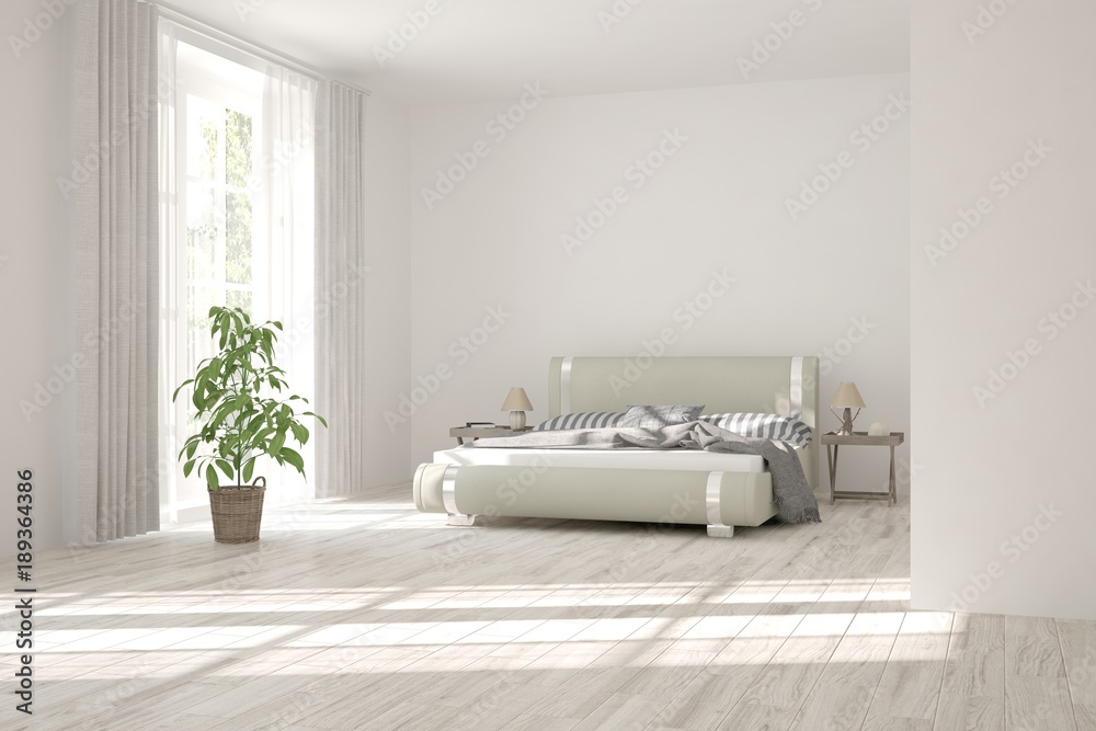 Idea of white minimalist bedroom. Scandinavian interior design. 3D illustration