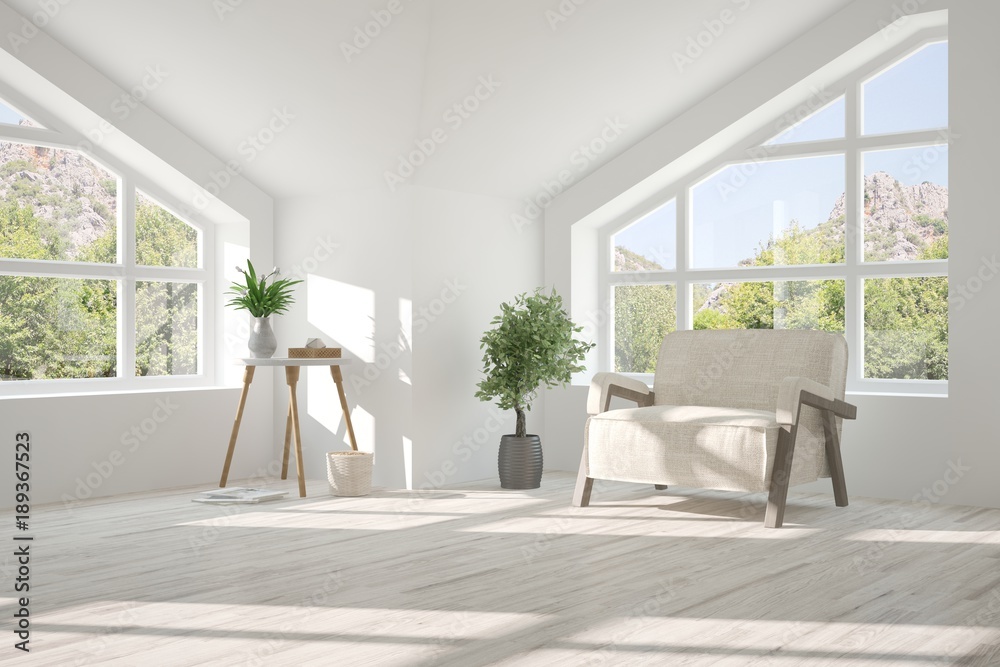 Idea of white room with armchair and summer landscape in window. Scandinavian interior design. 3D il