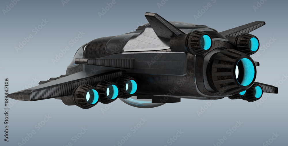 Futuristic spacecraft isolated on grey background 3D rendering