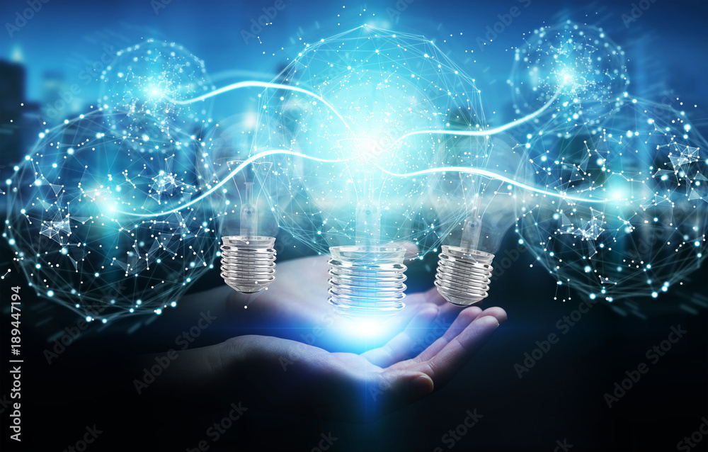 Businesswoman connecting modern lightbulbs with connections 3D rendering