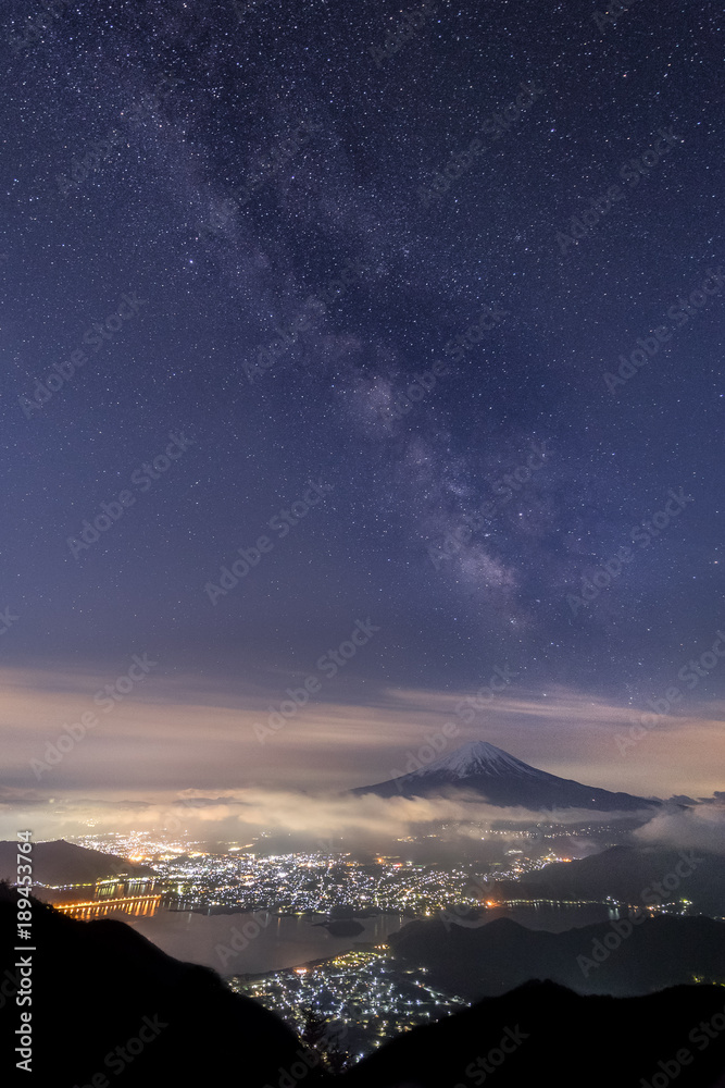 春季川口湖富士山和Milkyway