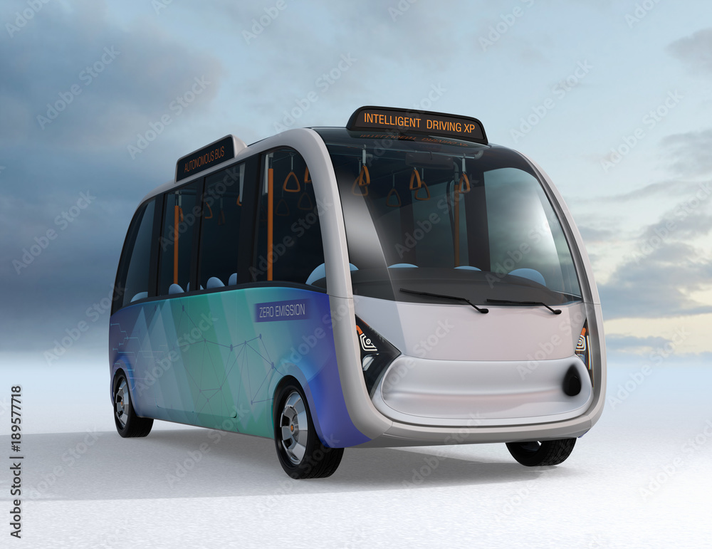 Front view of autonomous shuttle bus. Original design for public transit system concept. 3D renderin