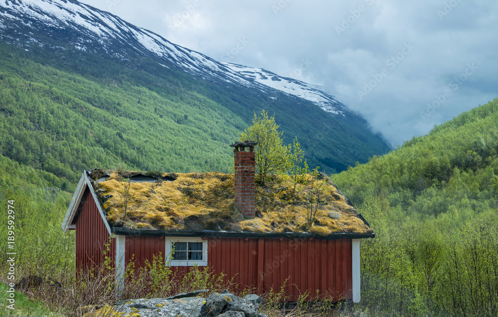 挪威山地小屋，屋顶覆盖着草，让房子保持温暖。