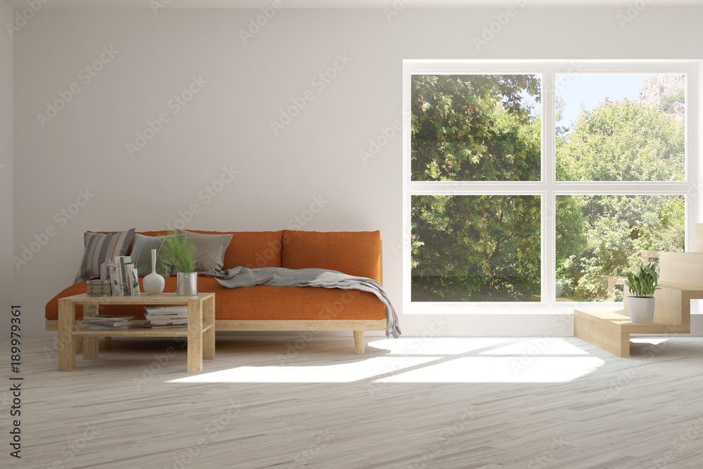 Idea of white room with sofa and summer landscape in window. Scandinavian interior design. 3D illust