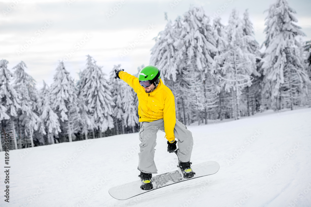 穿着五颜六色运动服的男子在有美丽树木的雪山上滑雪