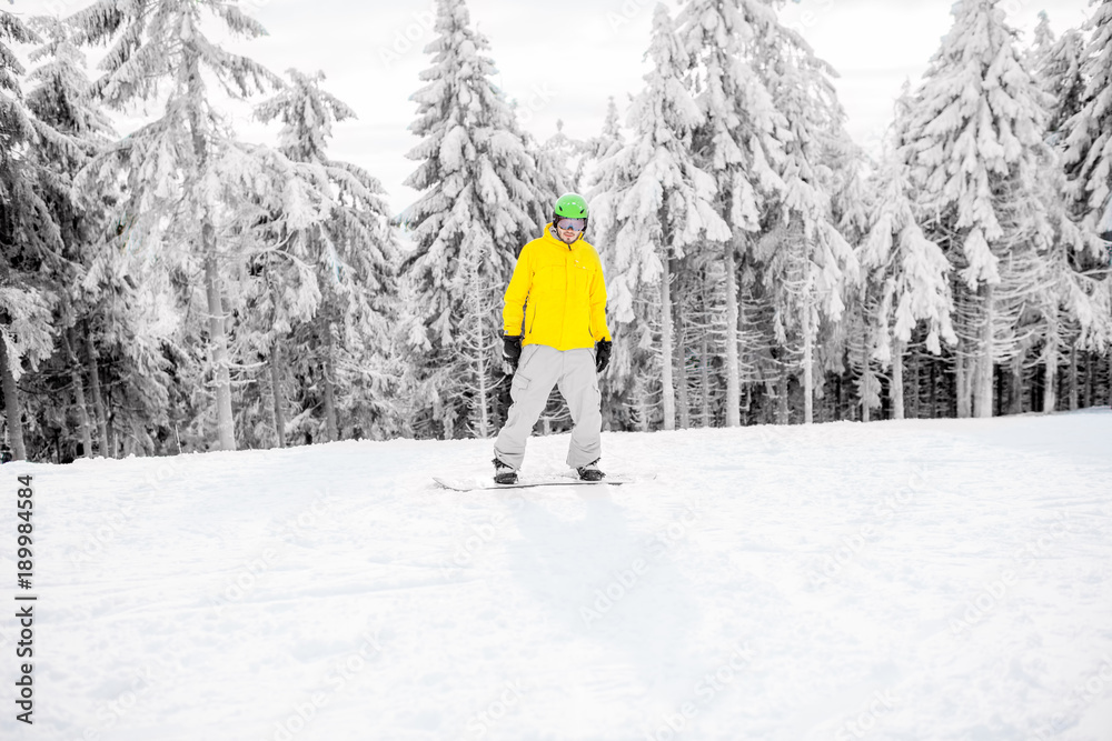 穿着五颜六色运动服的男子在有美丽树木的雪山上滑雪