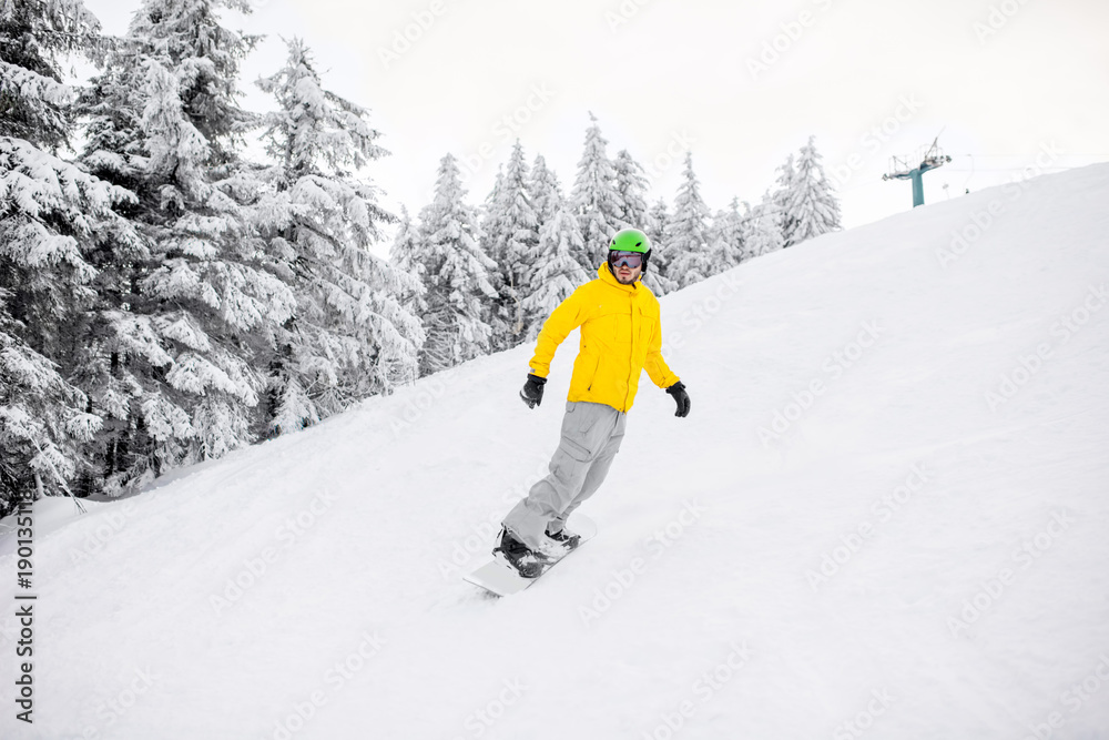 穿着五颜六色运动服的男子在有美丽树木的雪山上滑雪