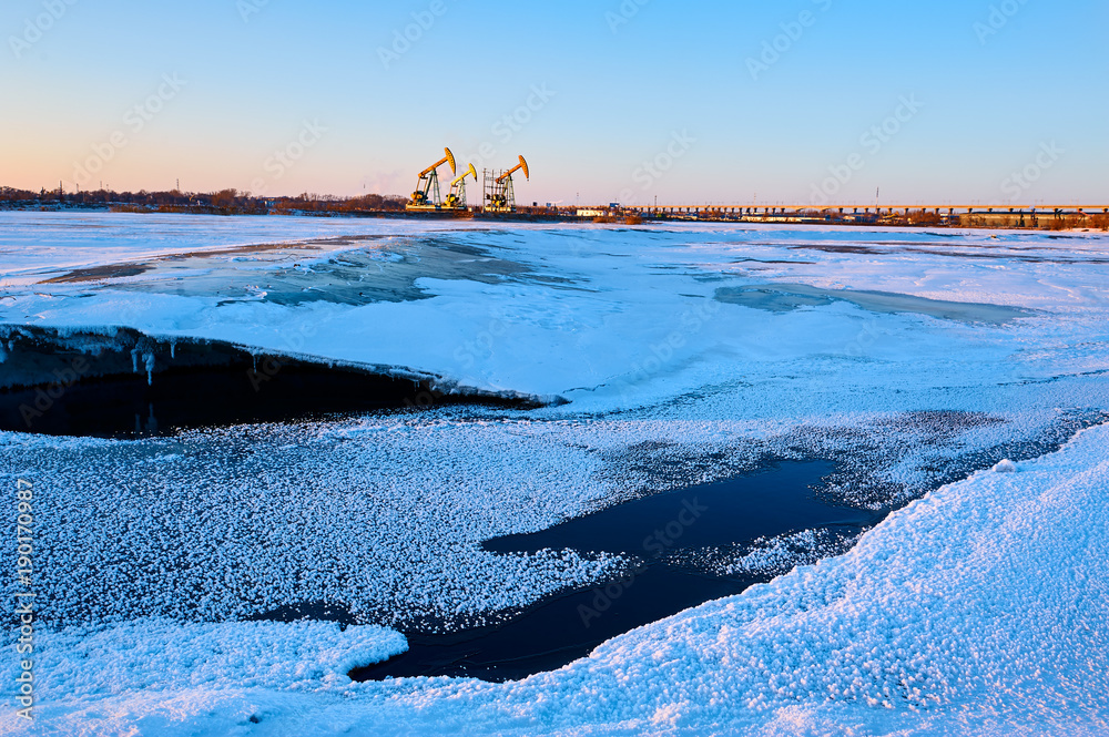 The winter lake sunrise landscape.