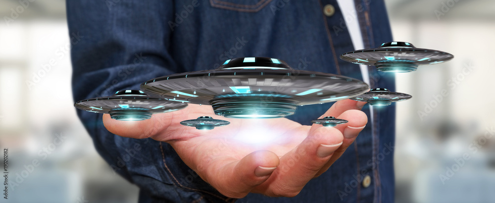 Businessman with retro UFO spaceship 3D rendering