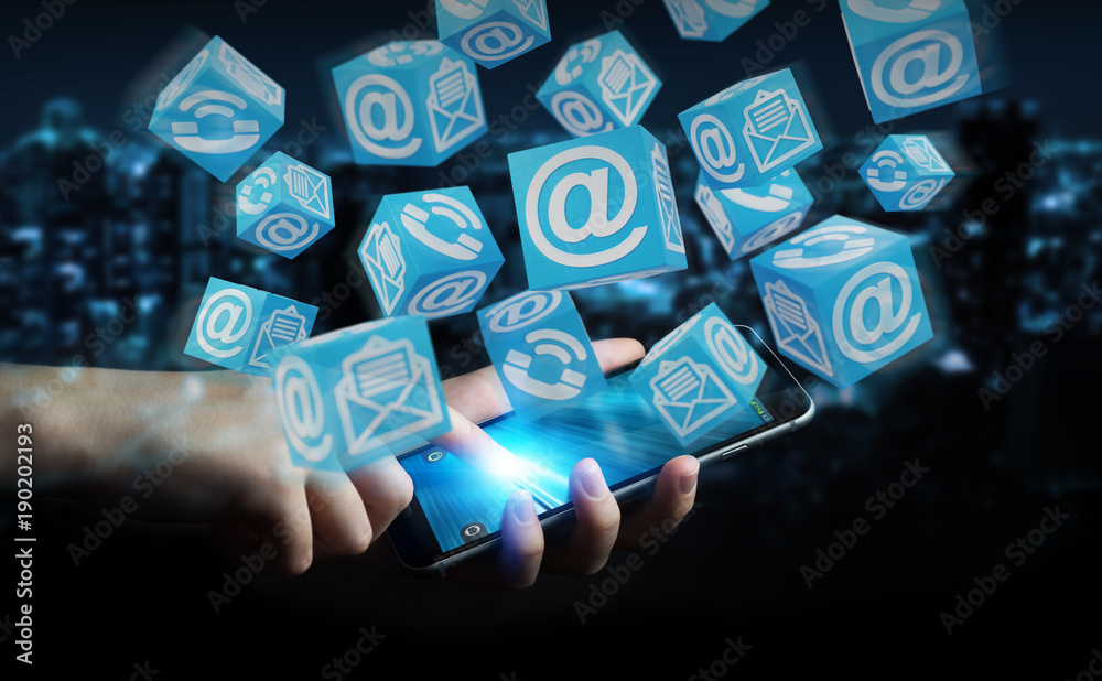 Businessman using floating cube contact 3D rendering