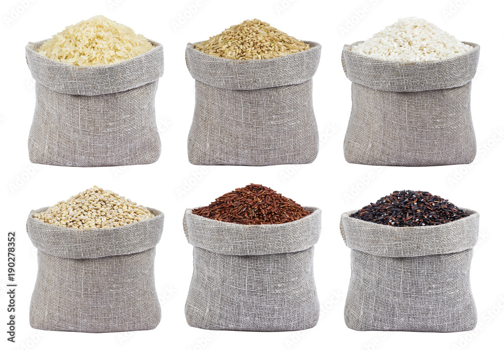 Different types of Rice in bags isolated on white background. Collection