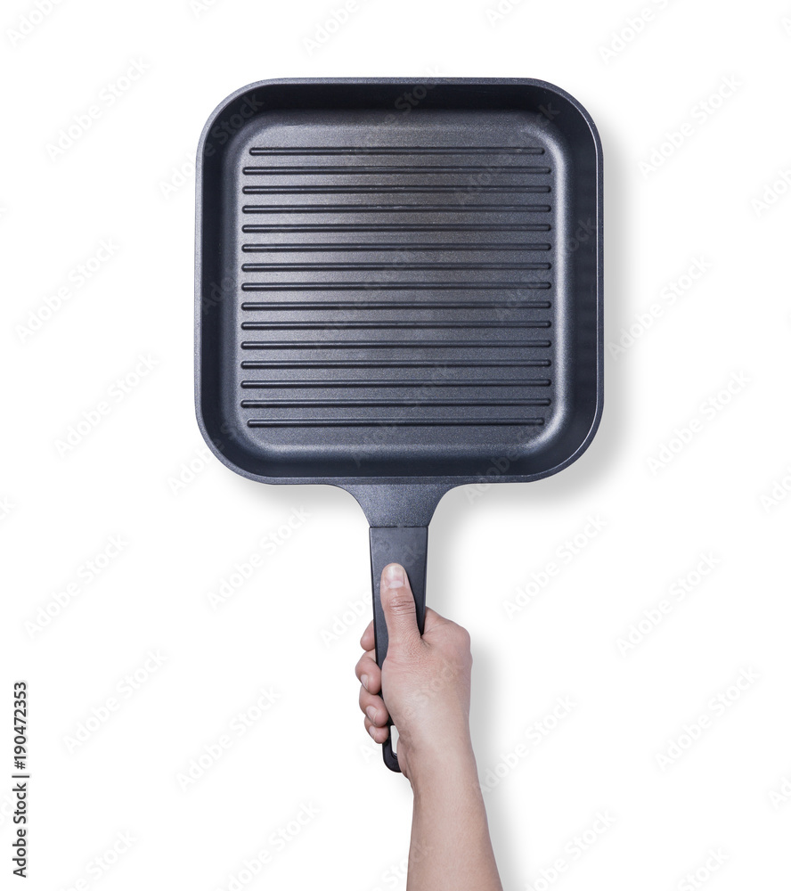 Top view empty black grill iron pan with hand holds isolated on white background. File contains a cl