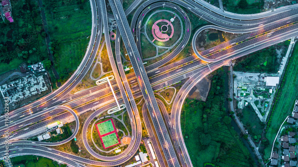 Highway, Expressway, Motorway, Toll way at night, Aerial view interchange of Bangkok City,  Highway,