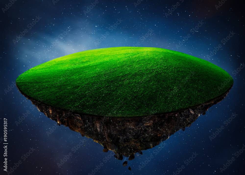 Fantasy island floating in the air with green field . Night scene .