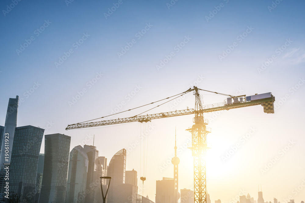 crane construction equipment over building site 