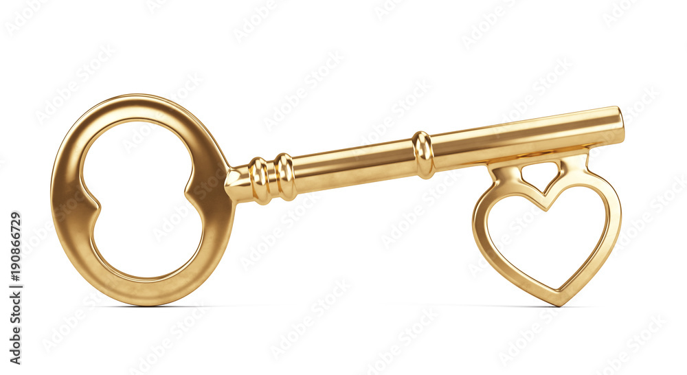 Golden key from the heart isolated on white. 3d rendering