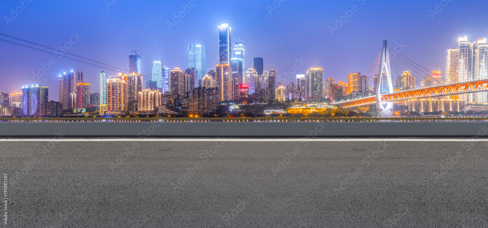 Road ground and Chongqing urban architectural landscape skyline