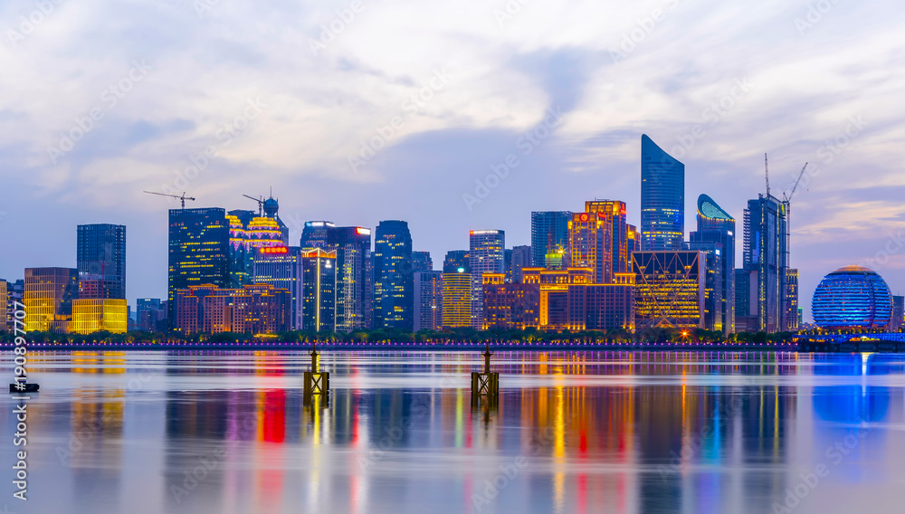 杭州城市夜景与建筑景观天际线