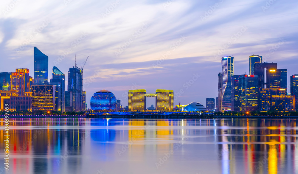 杭州城市夜景与建筑景观天际线