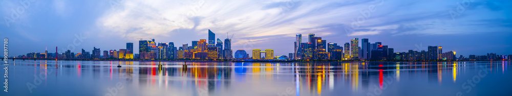 杭州城市夜景与建筑景观天际线