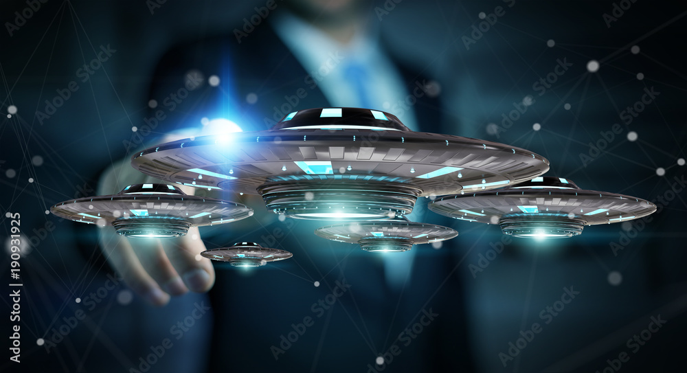 Businessman with retro UFO spaceship 3D rendering