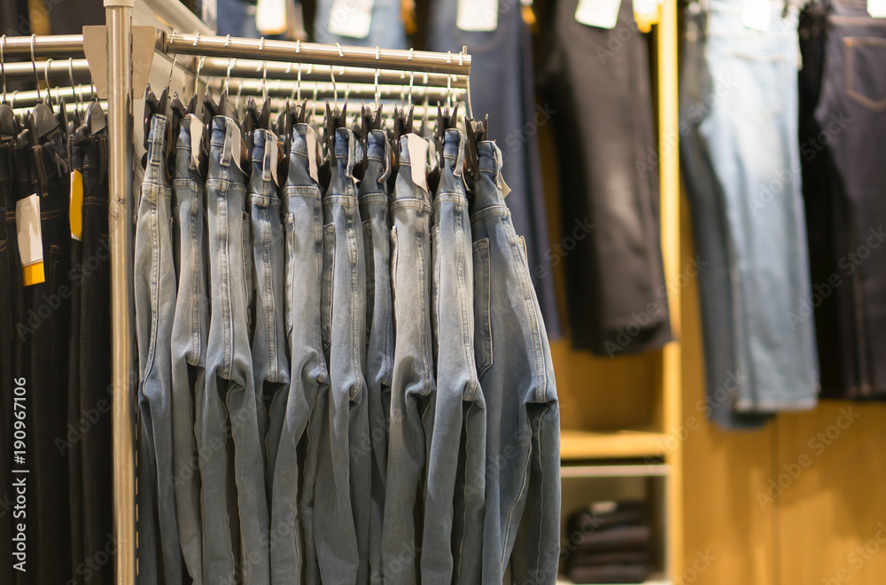 closeup of jeans in a shop.