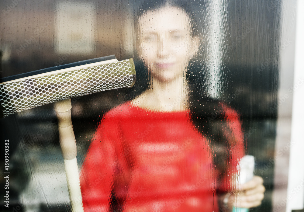 Caucasian woman doing house chores