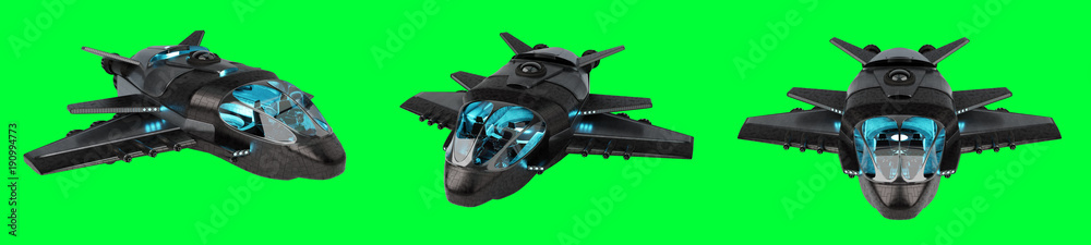 Futuristic spacecraft collection isolated on green background 3D rendering