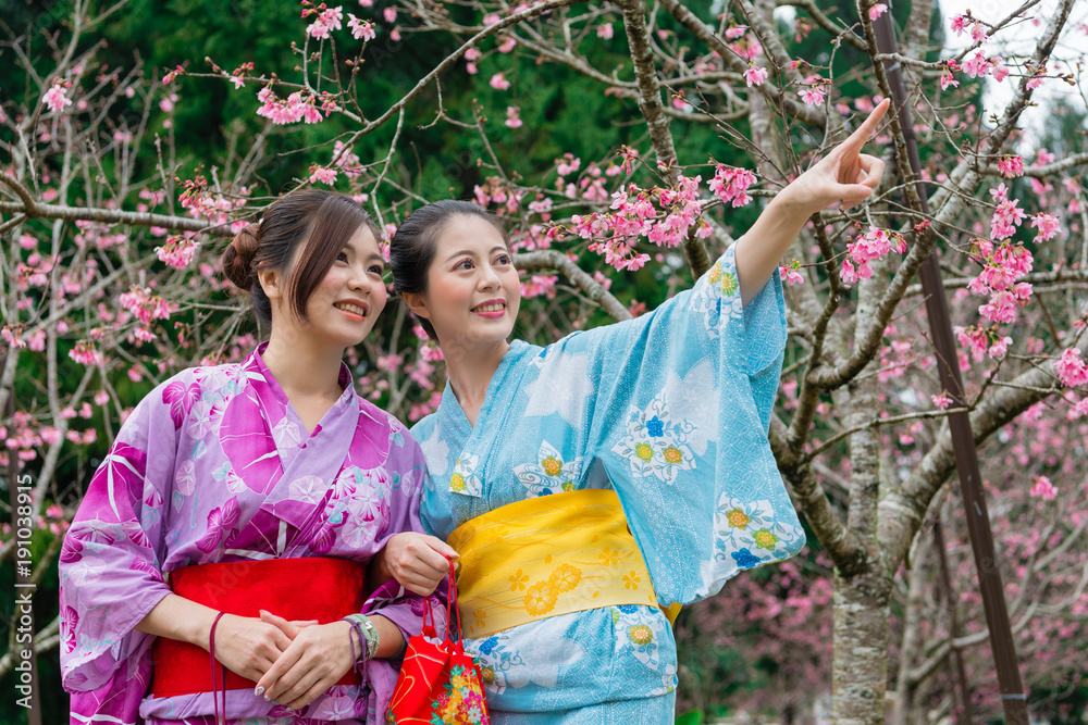 happy female travelers wearing traditional kimono