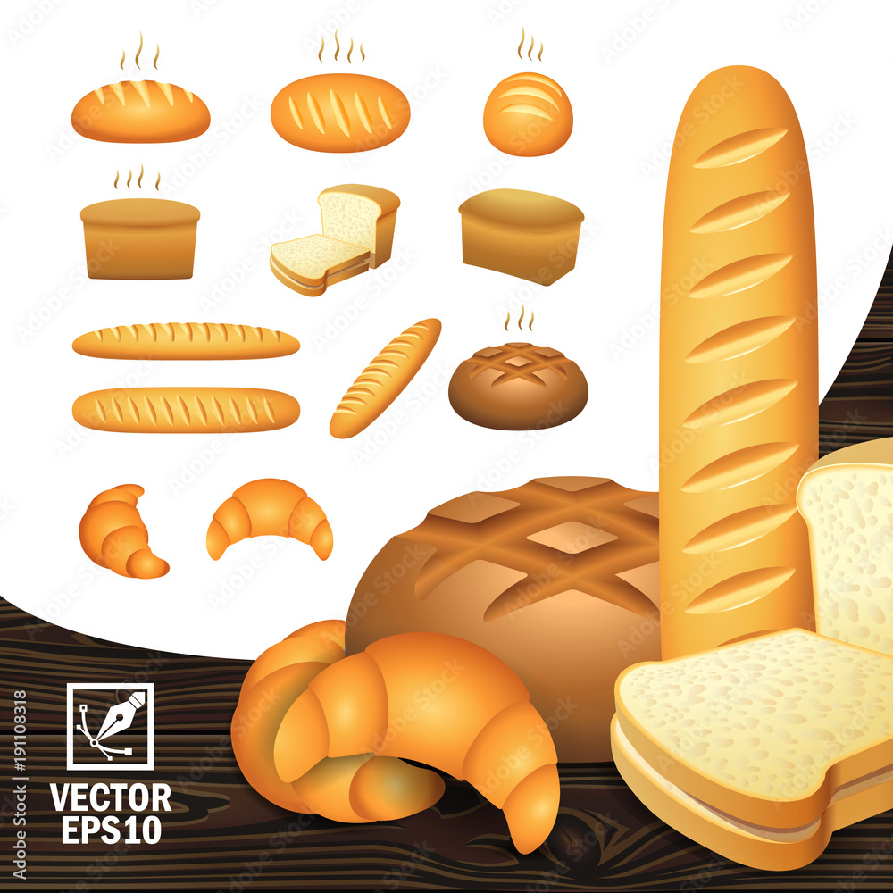 Realistic icons set bakery products from different angles (bread, sliced bread, a loaf, a bagel)