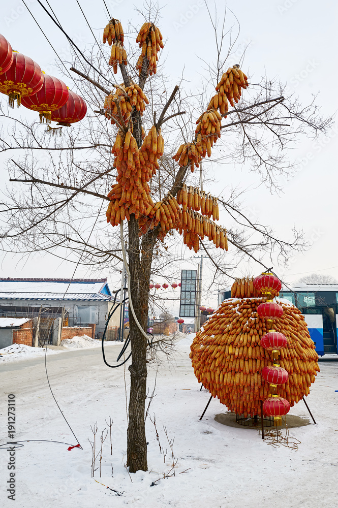 Corn crib and red lanterns in the Rime island.