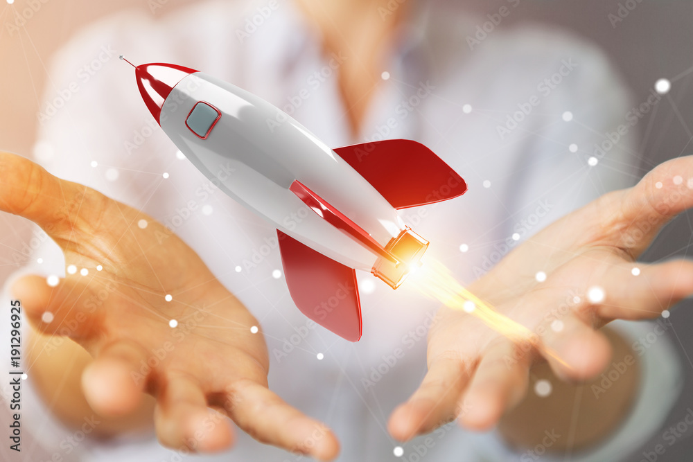 Businesswoman holding and touching a rocket 3D rendering