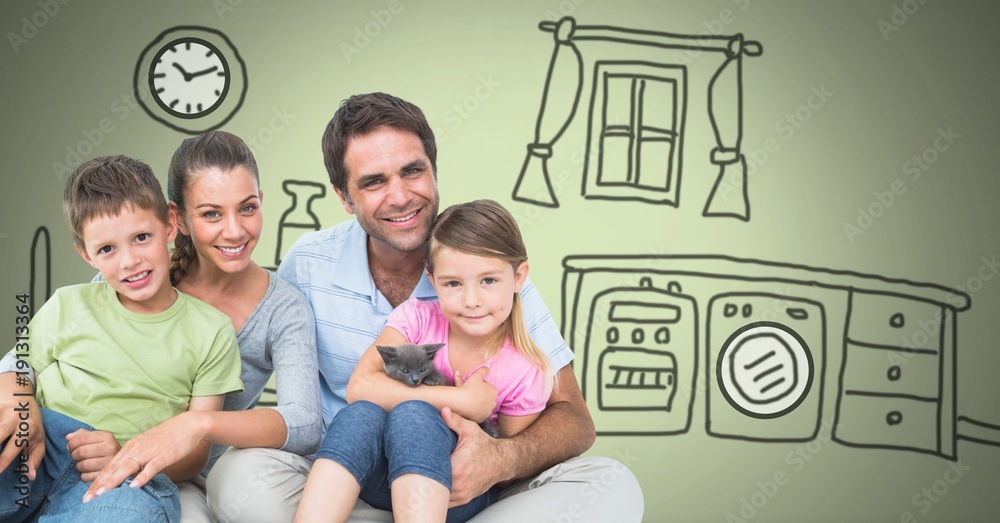 Family holding each other in kitchen at home