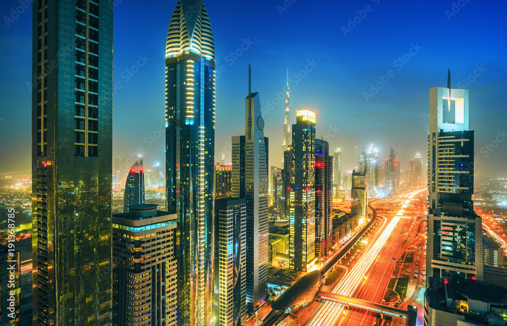 Amazing Dubai downtown skyscrapers and Sheikh Zayed road, United Arab Emirates