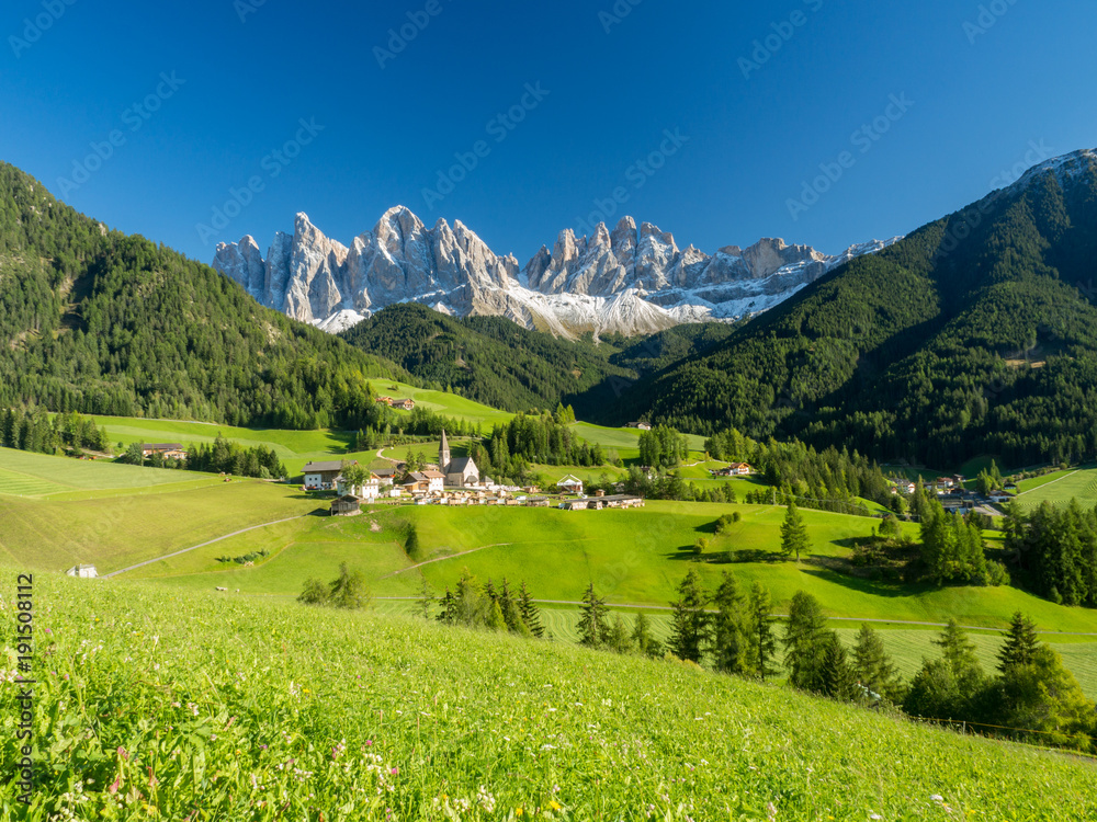 Santa Maddalena village in front of the Geisler or Odle Dolomites Group , Val di Funes, Italy, Europ