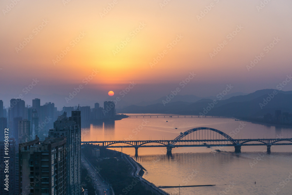 panoramic cityscape in hangzhou during sunset