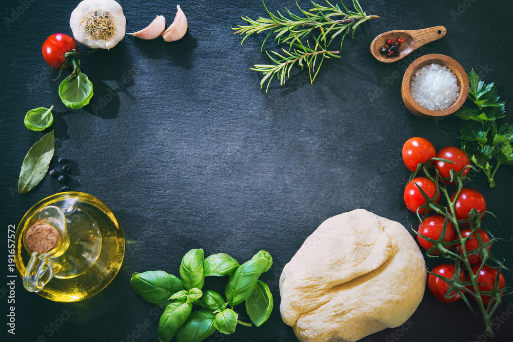 Top view of ingredients for cooking pizza or pasta