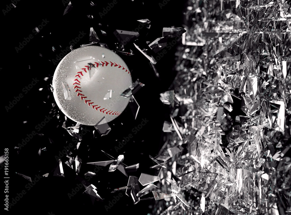 Fondo de concepto de deportes.Pelota de béisbol en movimiento atravesando un cristal.Concepto de acc