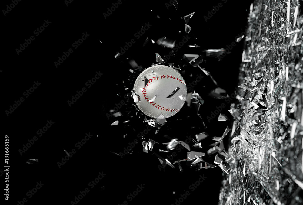 Fondo de concepto de deportes.Pelota de béisbol en movimiento atravesando un cristal.Concepto de acc