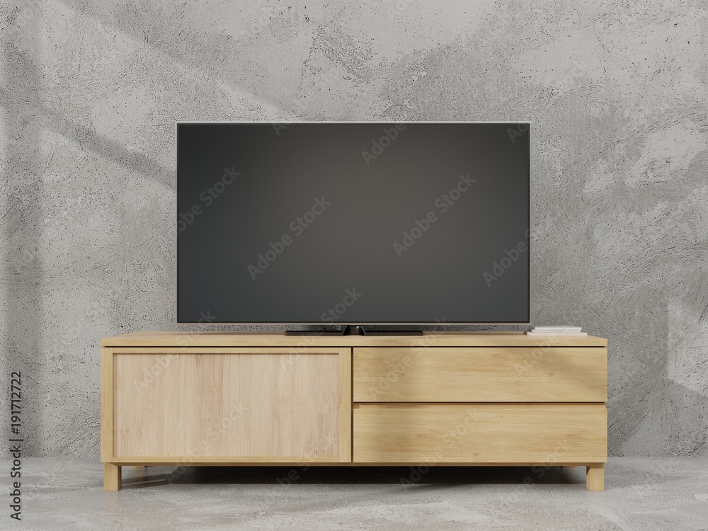 Led tv on cabinet have cement wall,3D rendering