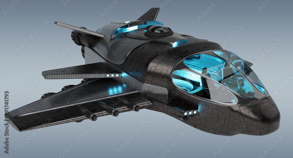 Futuristic spacecraft isolated on grey background 3D rendering