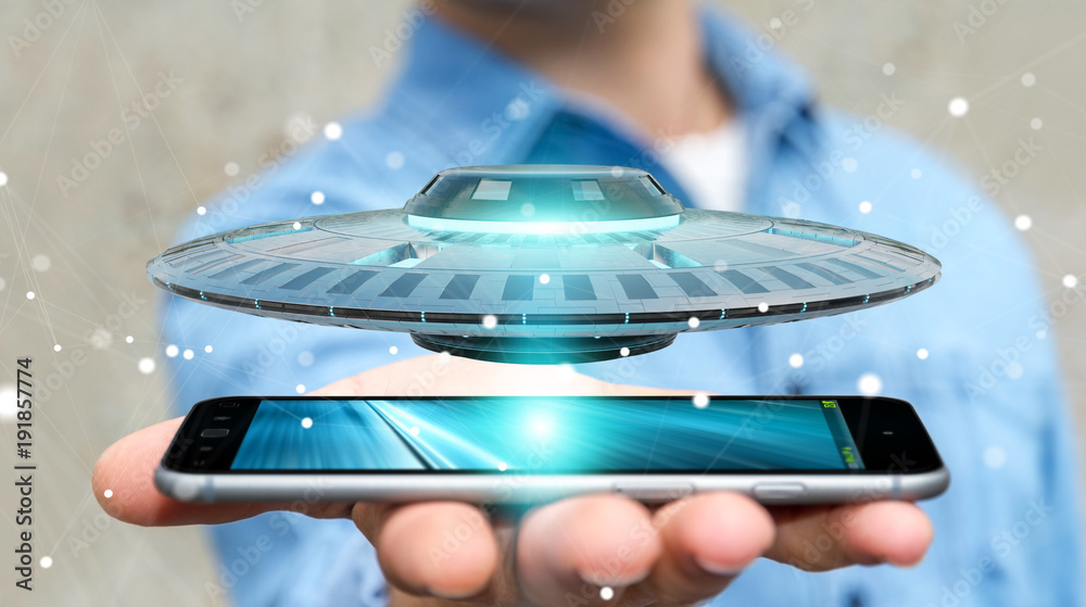 Businessman with retro UFO spaceship 3D rendering