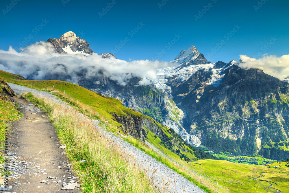 背景为高山的山路，瑞士格林德瓦尔德，欧洲