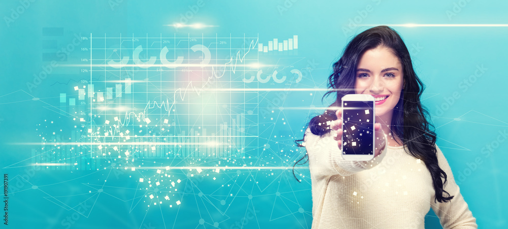 Digital Graph with young woman holding out a smartphone in her hand